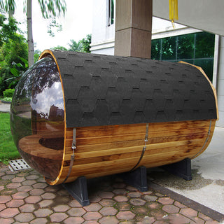 6 Person Outdoor barrel sauna with Front Porch and Panoramic Glass,  Patchwork Red Cedar Barrel Sauna Kit with Outdoor Waterproof Tile, Wood-Burning Stove and More