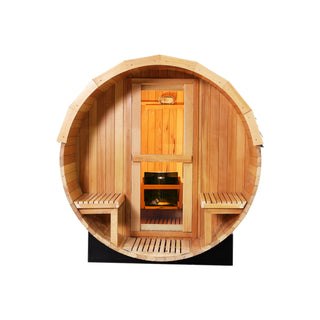6 Person Outdoor Barrel Sauna with Front Porch, Canadian Hemlock Traditional Steam Barrel Sauna Kit with Outdoor Waterproof Tile, Lava Rocks and More