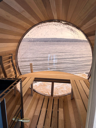 6 Person Outdoor barrel sauna with Front Porch and Panoramic Glass,  Patchwork Red Cedar Barrel Sauna Kit with Outdoor Waterproof Tile, Wood-Burning Stove and More