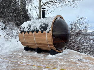 6 Person Outdoor barrel sauna with Front Porch and Panoramic Glass,  Patchwork Red Cedar Barrel Sauna Kit with Outdoor Waterproof Tile, Wood-Burning Stove and More