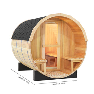 6 Person Outdoor Barrel Sauna with Front Porch, Canadian Hemlock Traditional Steam Barrel Sauna Kit with Outdoor Waterproof Tile, Lava Rocks and More