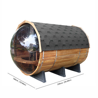6 Person Outdoor barrel sauna with Front Porch and Panoramic Glass,  Patchwork Red Cedar Barrel Sauna Kit with Outdoor Waterproof Tile, Wood-Burning Stove and More