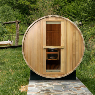 4 Person Outdoor Barrel Sauna, Canadian Hemlock Traditional Steam Barrel Sauna Kit with Outdoor Waterproof Tile, Lava Rocks and More