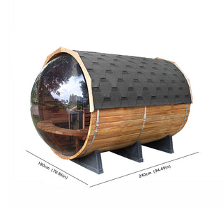 6 Person Outdoor barrel sauna with Front Porch and Panoramic Glass,  Patchwork Red Cedar Barrel Sauna Kit with Outdoor Waterproof Tile, Wood-Burning Stove and More