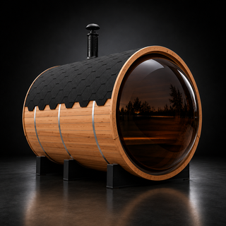 Outdoor Barrel Sauna with Front Porch &amp; Panoramic Glass – Available in 2-6 Person Sizes Anyi Health