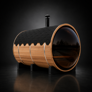 Outdoor Barrel Sauna with Front Porch &amp; Panoramic Glass – Available in 2-6 Person Sizes Anyi Health