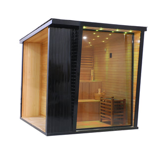 Outdoor Black Square Traditional Steam Sauna Cabin | Classic Canadian Hemlock Wood Detox Experience