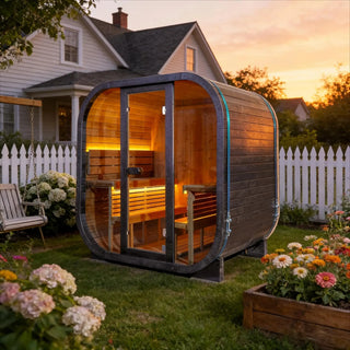 Black Outdoor Traditional Steam Sauna Square Carbonized Spruce Black Print with Textured Black Tempered Glass Anyi Health