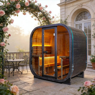 Black Outdoor Traditional Steam Sauna Square Carbonized Spruce Black Print with Textured Black Tempered Glass Anyi Health