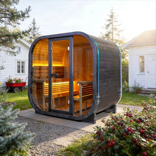 Black Outdoor Traditional Steam Sauna Square Carbonized Spruce Black Print with Textured Black Tempered Glass Anyi Health