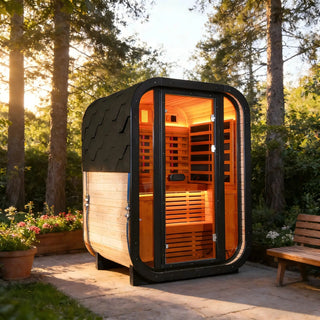 Outdoor Far Infrared Sauna – Carbonized Spruce Wood, Dark Tea-Tinted Glass, Far Infrared Heating Panels, LED Lights, Weather-Resistant Design for Patio, Garden Anyi Health