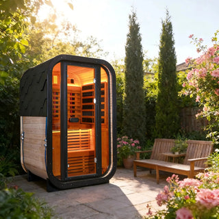 Outdoor Far Infrared Sauna – Carbonized Spruce Wood, Dark Tea-Tinted Glass, Far Infrared Heating Panels, LED Lights, Weather-Resistant Design for Patio, Garden Anyi Health