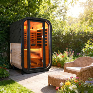 Outdoor Far Infrared Sauna – Carbonized Spruce Wood, Dark Tea-Tinted Glass, Far Infrared Heating Panels, LED Lights, Weather-Resistant Design for Patio, Garden Anyi Health