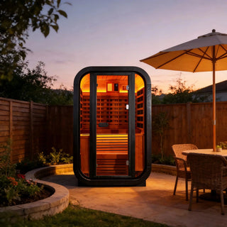 Outdoor Far Infrared Sauna – Carbonized Spruce Wood, Dark Tea-Tinted Glass, Far Infrared Heating Panels, LED Lights, Weather-Resistant Design for Patio, Garden Anyi Health