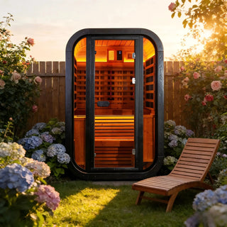 Outdoor Far Infrared Sauna – Carbonized Spruce Wood, Dark Tea-Tinted Glass, Far Infrared Heating Panels, LED Lights, Weather-Resistant Design for Patio, Garden Anyi Health