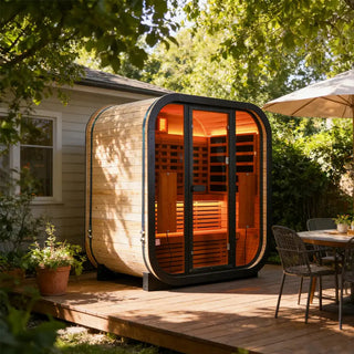 Outdoor Far Infrared Sauna for 4 Persons, Carbonized Spruce Wood Sauna Room with Dark Brown Tinted Glass, LED Chromotherapy Lights & Weather-Resistant Roof for Backyard/Patio Relaxation Anyi Health