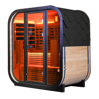 Outdoor Far Infrared Sauna for 4 Persons, Carbonized Spruce Wood Sauna Room with Dark Brown Tinted Glass, LED Chromotherapy Lights & Weather-Resistant Roof for Backyard/Patio Relaxation Anyi Health