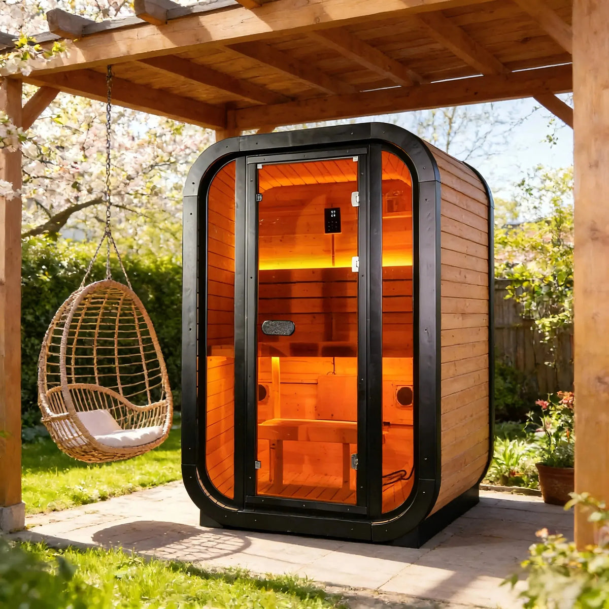 Outdoor Traditional Steam Sauna - Carbonized Spruce Wood, Tinted Glass, 6KW Heater