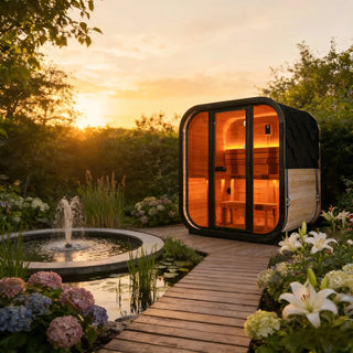 Traditional Outdoor Steam Sauna for 4 People – Carbonized Spruce Wood, 6KW Heater, Tinted Glass Panels, Weather-Resistant Backyard Spa with LED Lighting Anyi Health