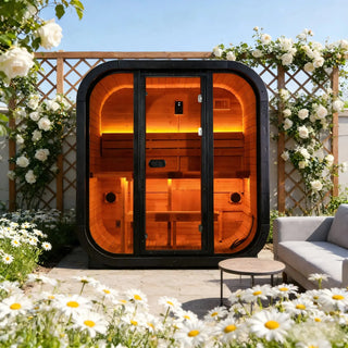 Traditional Outdoor Steam Sauna for 4 People – Carbonized Spruce Wood, 6KW Heater, Tinted Glass Panels, Weather-Resistant Backyard Spa with LED Lighting Anyi Health