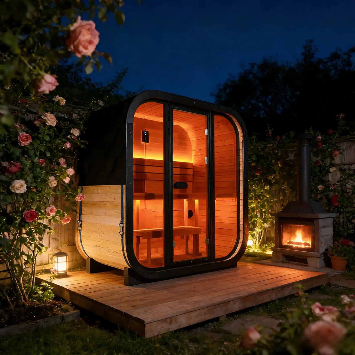 Traditional Outdoor Steam Sauna for 4 People – Carbonized Spruce Wood, 6KW Heater, Tinted Glass Panels, Weather-Resistant Backyard Spa with LED Lighting