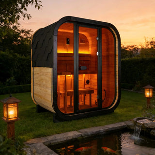 Traditional Outdoor Steam Sauna for 4 People – Carbonized Spruce Wood, 6KW Heater, Tinted Glass Panels, Weather-Resistant Backyard Spa with LED Lighting Anyi Health