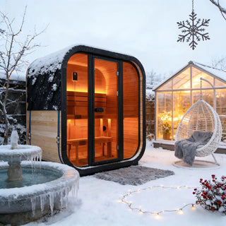 Traditional Outdoor Steam Sauna for 4 People – Carbonized Spruce Wood, 6KW Heater, Tinted Glass Panels, Weather-Resistant Backyard Spa with LED Lighting Anyi Health