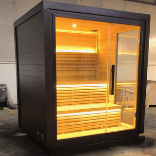 Black outdoor spruce sauna room for 4-6 people. Anyi Health