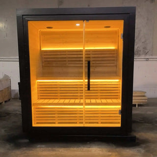 Black outdoor spruce sauna room for 4-6 people. Anyi Health