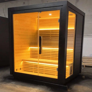 Black outdoor spruce sauna room for 4-6 people. Anyi Health
