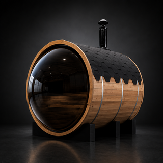 Outdoor Barrel Sauna with Front Porch &amp; Panoramic Glass – Available in 2-6 Person Sizes Anyi Health