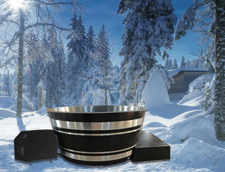 Black Oval Red Cedar Ice Bath Tub – Cold Plunge Spa Barrel for Athlete Recovery & Home Spa, Sleek Dark Finish Therapeutic Design, Natural Wooden Therapy Tub