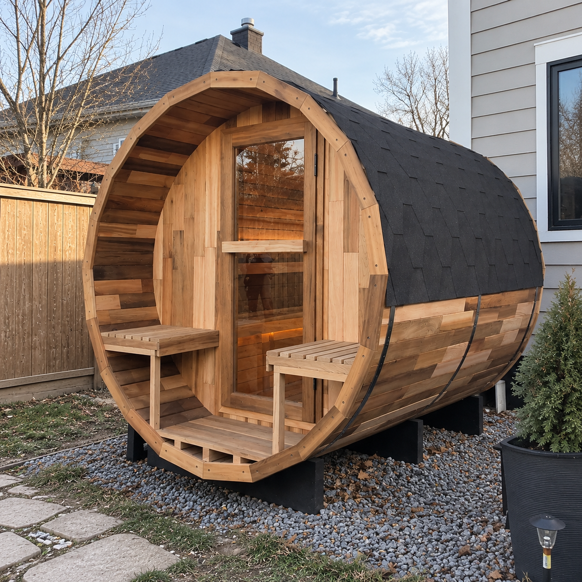 6 Person Outdoor Barrel Sauna with Front Porch Anyi Health