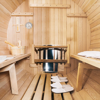 4 Person Outdoor Barrel Sauna, Patchwork Red Cedar Traditional Steam Barrel Sauna Kit with Outdoor Waterproof Tile and More
