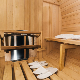 6 Person Outdoor Barrel Sauna with Front Porch, Canadian Hemlock Traditional Steam Barrel Sauna Kit with Outdoor Waterproof Tile, Lava Rocks and More